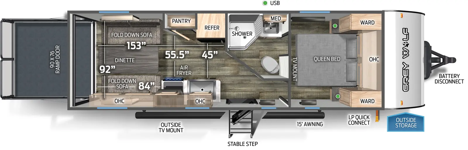 The 22RR has no slide outs, a rear ramp door and one entry door. Exterior features include outside TV mount, mid stable step entry, 15 foot awning, LP quick connect, outside storage, and battery disconnect; Interior layout front to back: queen bed with overhead cabinet, wardrobes on either side, and TV mount; off-door side aisle pass through full bathroom with medicine cabinet; off-door side refrigerator, and pantry; door side entry, kitchen countertop with sink, overhead cabinet, and air fryer; rear opposing fold down sofas with dinette table in the rear. Cargo area measurements include: 45 inches between the refrigerator and kitchen countertop; 55.5 inches between the pantry and the kitchen countertop; 153 inches from the rear of the trailer to the bathroom wall; 84 inches from the rear of the trailer to the kitchen countertop; 92 inches side to side; 90 inch by 76 inch rear ramp door.